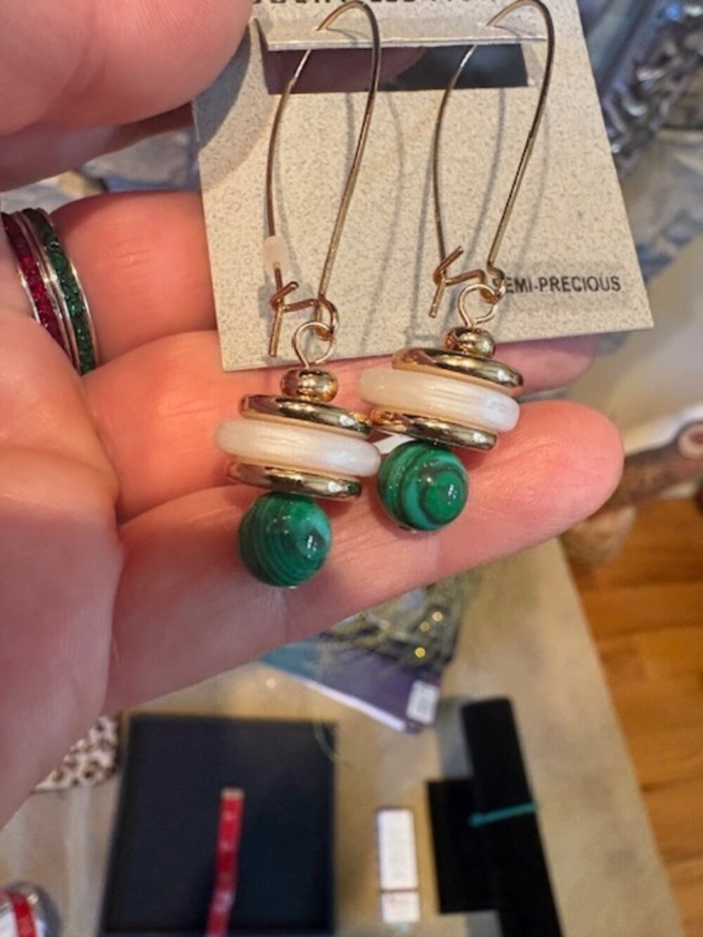 NWT Robert Lee Morris Malachite and Beads Gold Tone Dangle French Wire Earrings